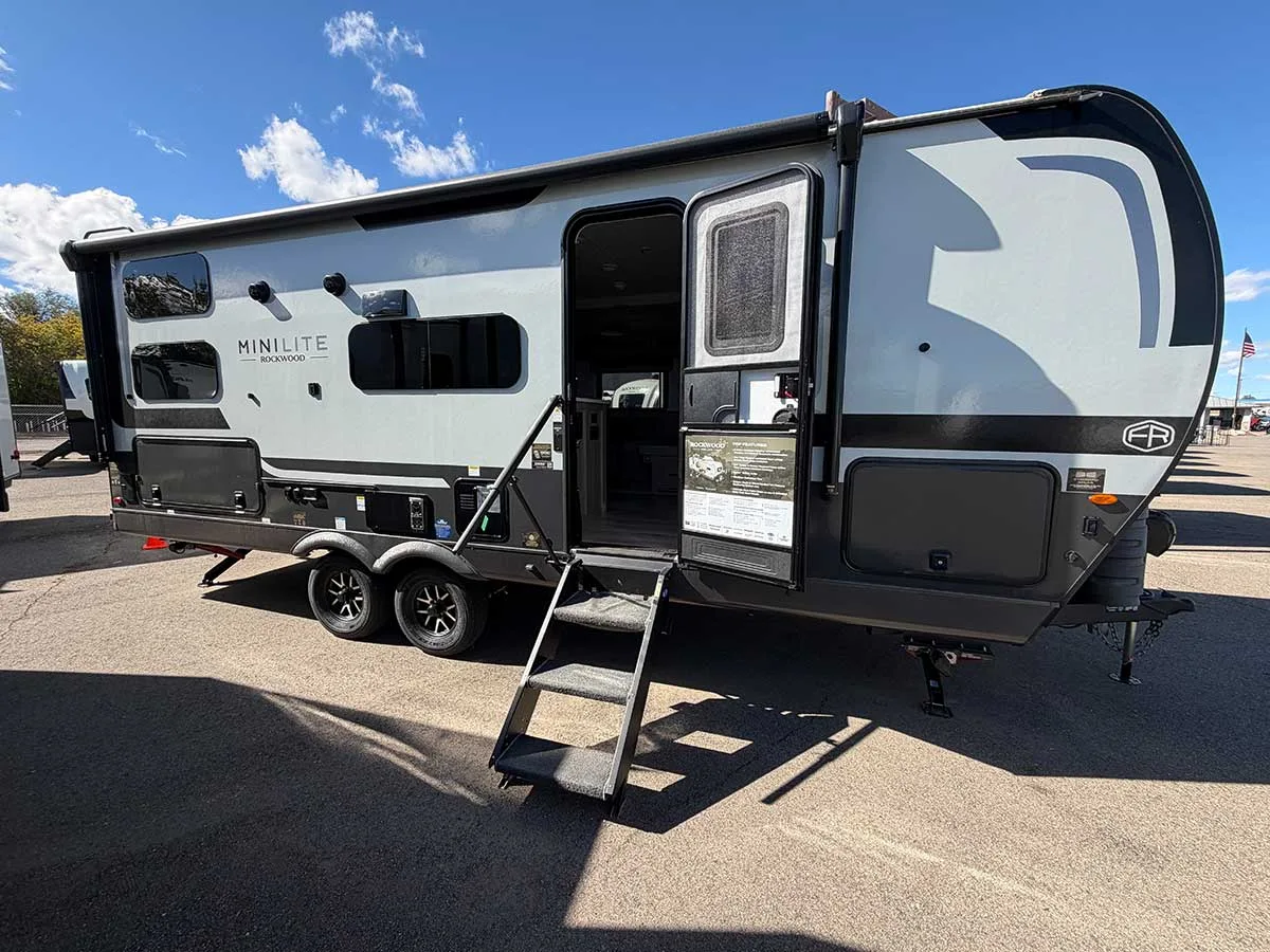 Door side of the 2026 Rockwood Mini Lite 2509S with the entry steps down