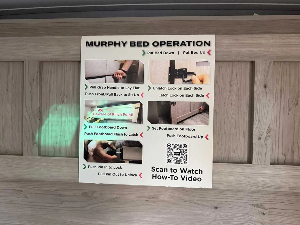 Murphy bed operation instruction card in the Rockwood Mini Lite 2509S