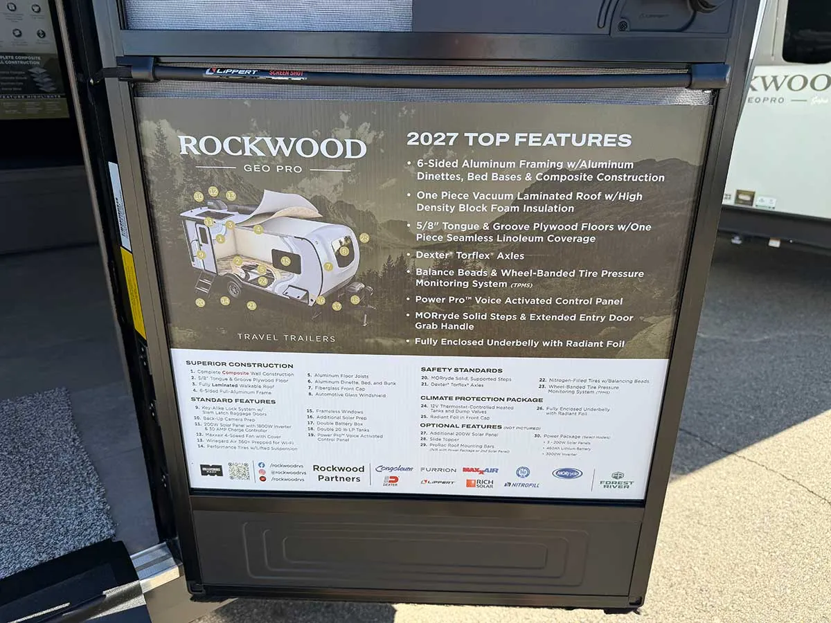 Rockwood Geo Pro 2027 top features board listing construction, standard features, Climate Protection Package and options