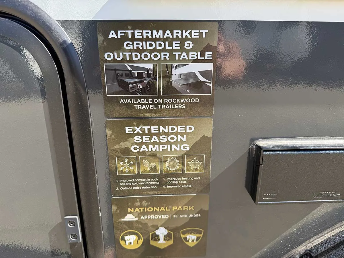 Rockwood decals on the G20SFK for the aftermarket griddle and outdoor table, extended season camping and National Park approved