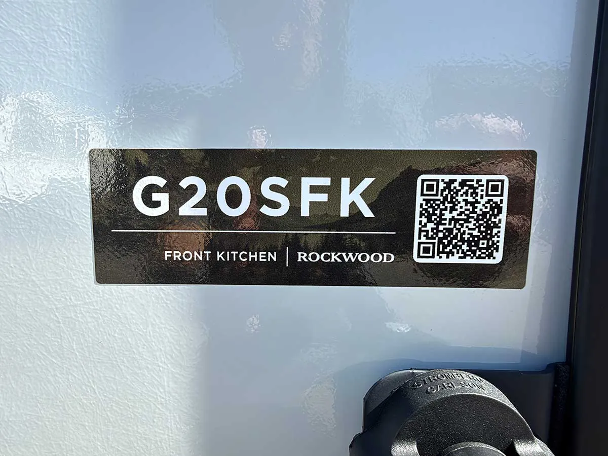G20SFK Front Kitchen Rockwood model decal with QR code on the side of the trailer