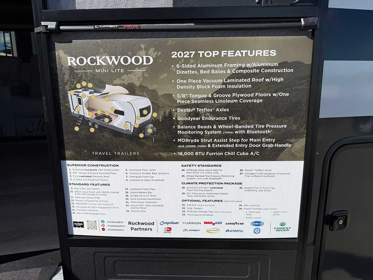 Rockwood Mini Lite 2027 top features board listing construction, standard features, Climate Protection Package and options
